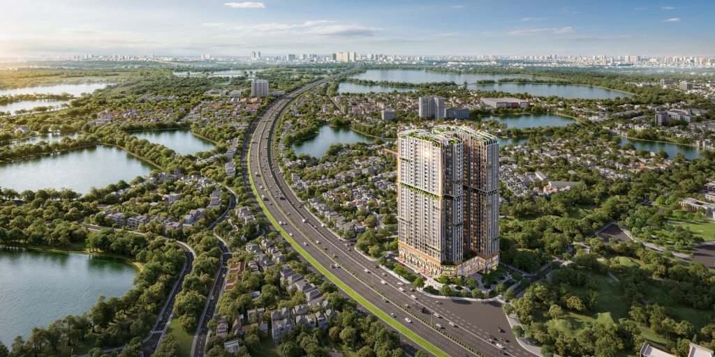 Tân Á Đại Thành - Chủ đầu tư dự án Galia Hanoi 6 Phối cảnh trên cao của dự án Galia Hanoi với tòa nhà cao tầng hiện đại nằm cạnh trục đường lớn, xung quanh là nhiều hồ nước và khu dân cư xanh mát.