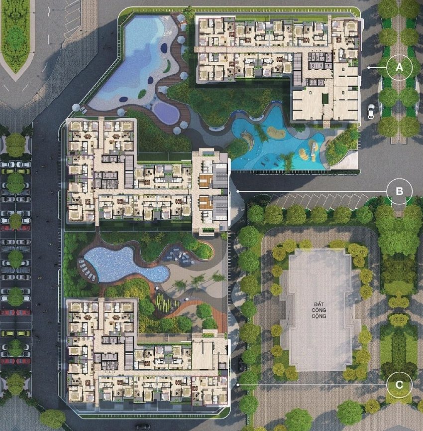 Galia Hanoi 6 Mặt bằng tổng thể Galia Hanoi gồm các khối tòa nhà bố trí hợp lý quanh các hồ cảnh quan, bể bơi, vườn cây xanh, sân dạo bộ và khu đất công cộng, hệ thống đường nội khu thuận tiện.