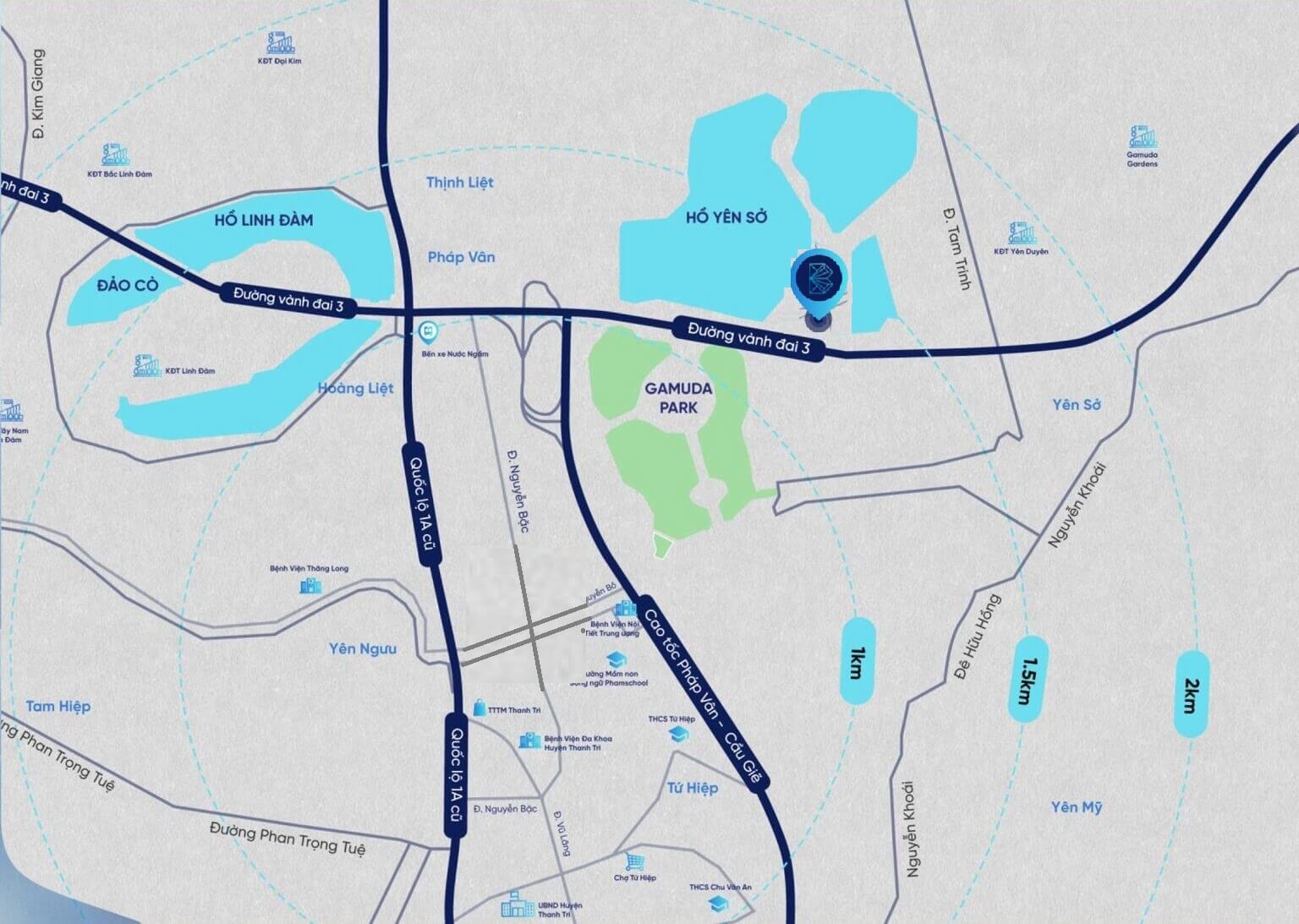 Bản đồ vị trí dự án Galia Hanoi bên hồ Yên Sở, gần đường Vành đai 3, Gamuda Park và các khu đô thị lớn như KĐT Linh Đàm, KĐT Yên Duyên; thể hiện khoảng cách kết nối từ 1km đến 2km tới các khu vực lân cận.