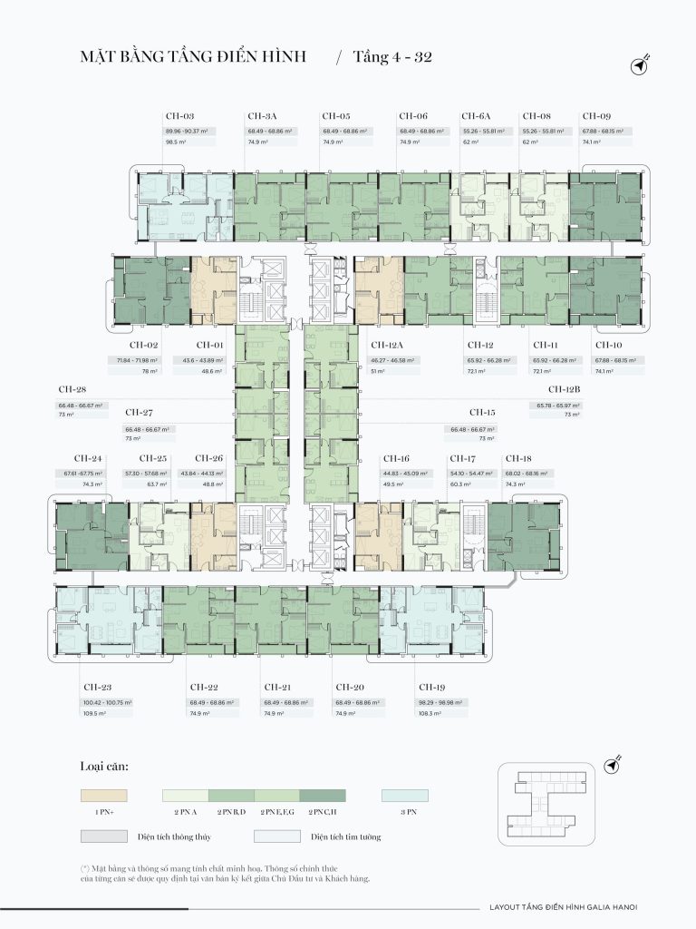 Galia Hanoi 7 Mặt bằng điển hình tầng 4 đến tầng 32 dự án Galia Hanoi, bao gồm nhiều loại căn hộ với diện tích từ 44.8 m² đến hơn 100 m², được phân loại bằng các màu sắc khác nhau đại diện cho các loại căn (1PN+, 2PN, 3PN).