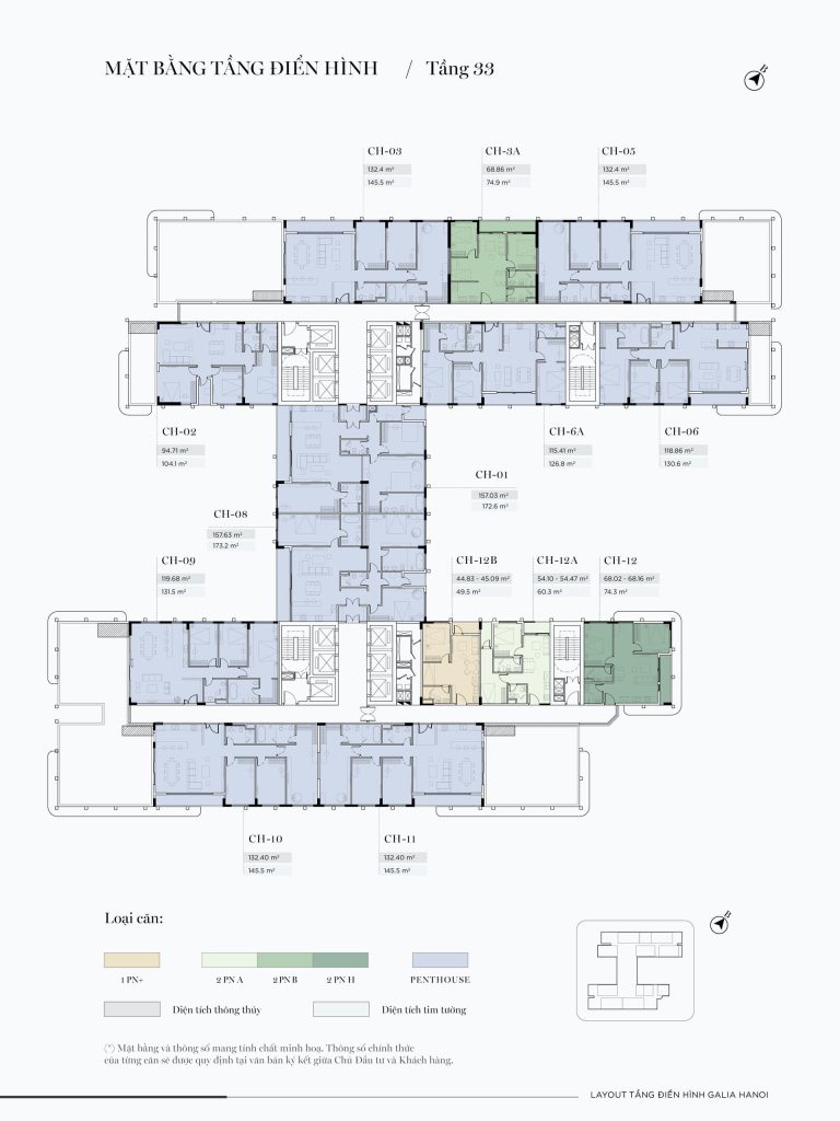 Galia Hanoi 8 Sơ đồ mặt bằng tầng 33 dự án Galia Hanoi, hiển thị các căn Penthouse cao cấp cùng một số căn 2PN và 3PN, phân biệt theo màu sắc. Các căn hộ có diện tích từ khoảng 68 m² đến hơn 170 m², thiết kế sang trọng và hiện đại.