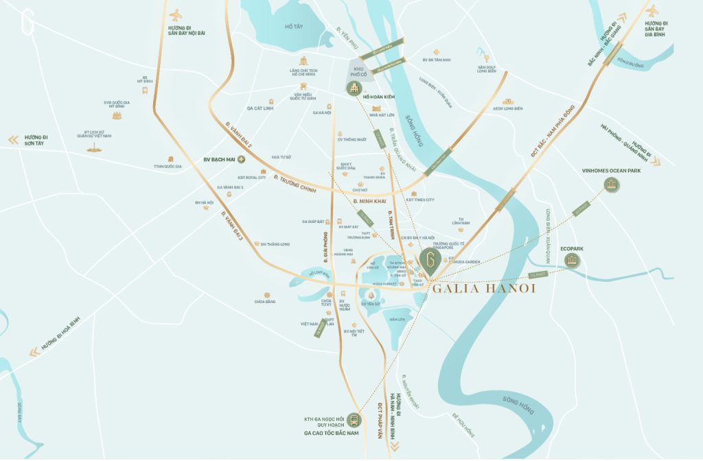 Galia Hanoi 6 Bản đồ vị trí dự án Galia Hanoi bên hồ Yên Sở, gần đường Vành đai 3, Gamuda Park và các khu đô thị lớn như KĐT Linh Đàm, KĐT Yên Duyên; thể hiện khoảng cách kết nối từ 1km đến 2km tới các khu vực lân cận.